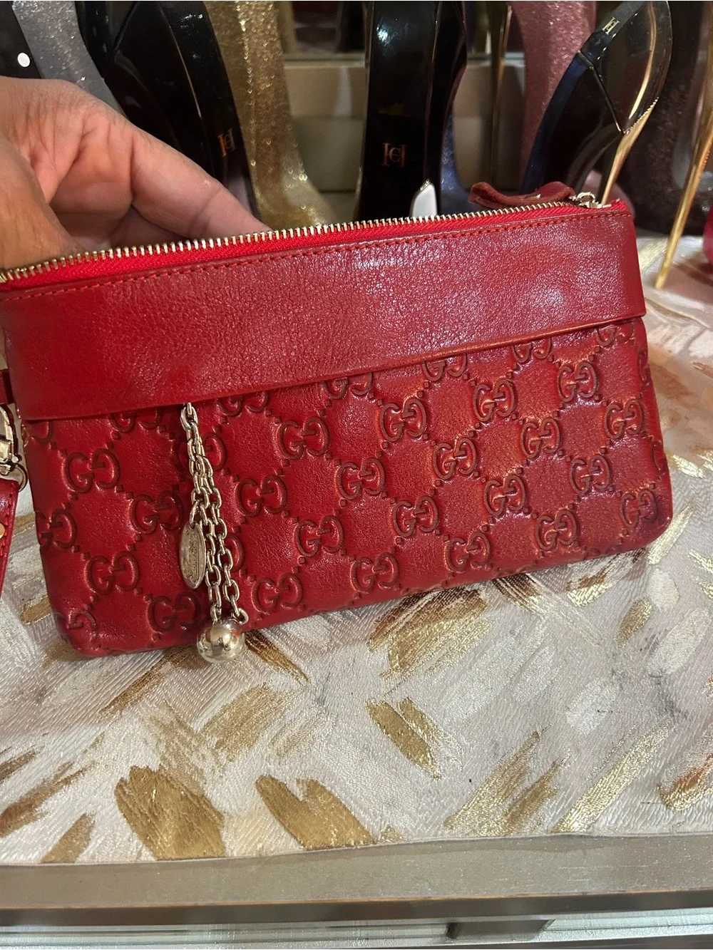 Vintage GG Red Embossed GG Leather Wristlet with Silver Chain Charm